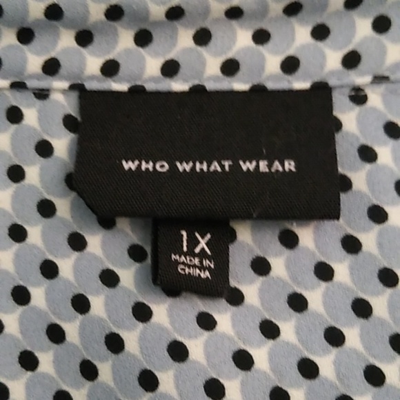 WHO WHAT WEAR BLUE & BLK POLKA DOT, RUFFLE CUFF BUTTON DOWN BLOUSE - Picture 5 of 8